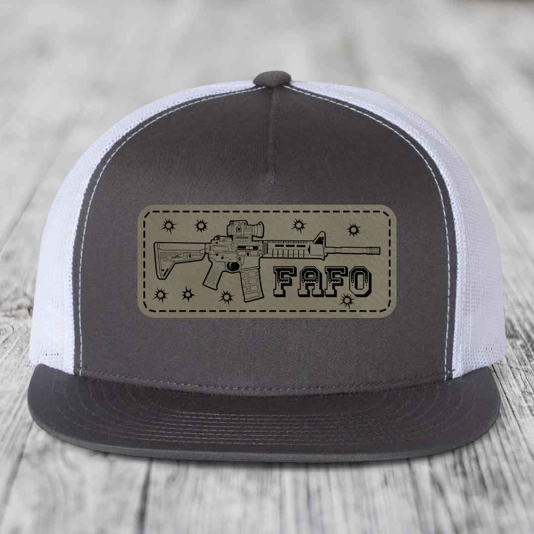 Ar15 Fafo - Leather Patch Hat - Light Brown to Black Patch - Yupoong 6006 Snapback Flatbill Hat