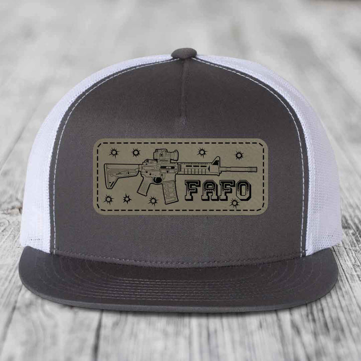 Ar15 Fafo - Leather Patch Hat - Light Brown to Black Patch - Yupoong 6006 Snapback Flatbill Hat