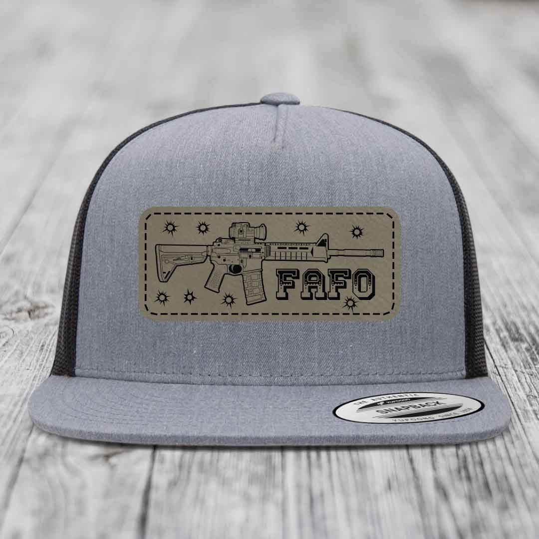 Ar15 Fafo - Leather Patch Hat - Light Brown to Black Patch - Yupoong 6006 Snapback Flatbill Hat