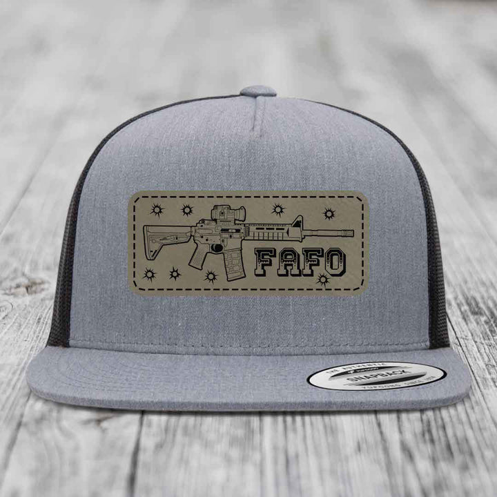 Ar15 Fafo - Leather Patch Hat - Light Brown to Black Patch - Yupoong 6006 Snapback Flatbill Hat