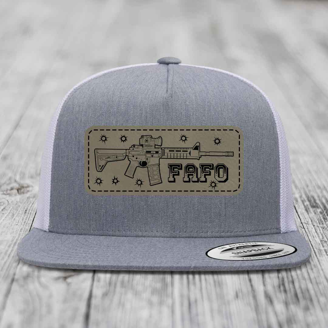 Ar15 Fafo - Leather Patch Hat - Light Brown to Black Patch - Yupoong 6006 Snapback Flatbill Hat