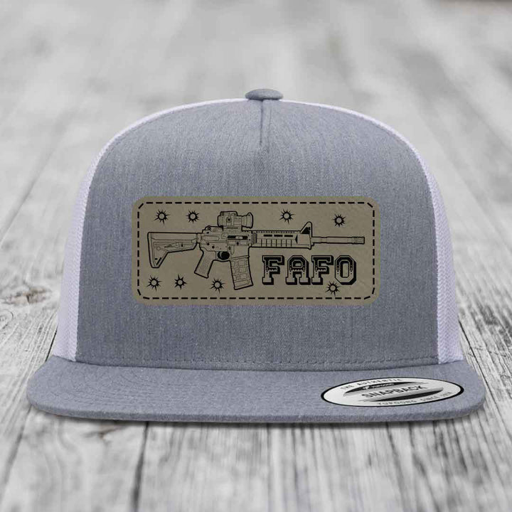 Ar15 Fafo - Leather Patch Hat - Light Brown to Black Patch - Yupoong 6006 Snapback Flatbill Hat