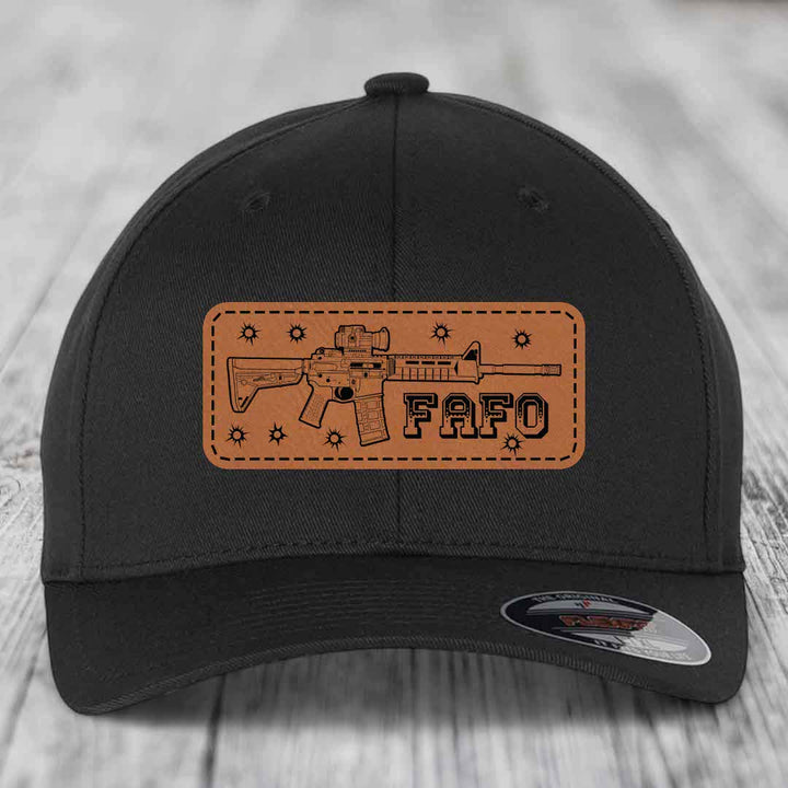 Ar15 Fafo - Leather Patch Hat - Rawhide to Black Patch - Flexfit 6277 Fitted Hat
