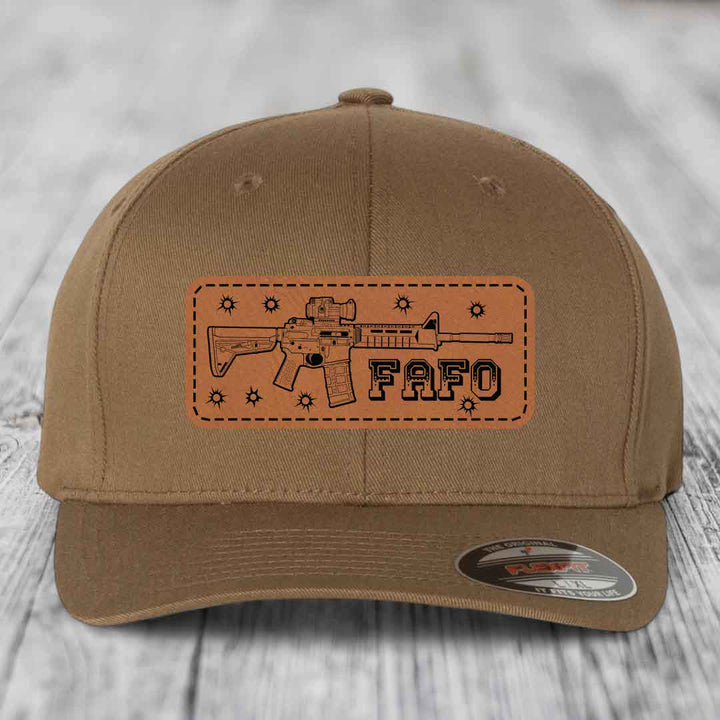 Ar15 Fafo - Leather Patch Hat - Rawhide to Black Patch - Flexfit 6277 Fitted Hat