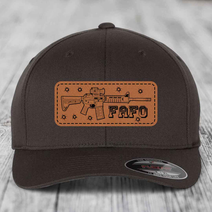 Ar15 Fafo - Leather Patch Hat - Rawhide to Black Patch - Flexfit 6277 Fitted Hat