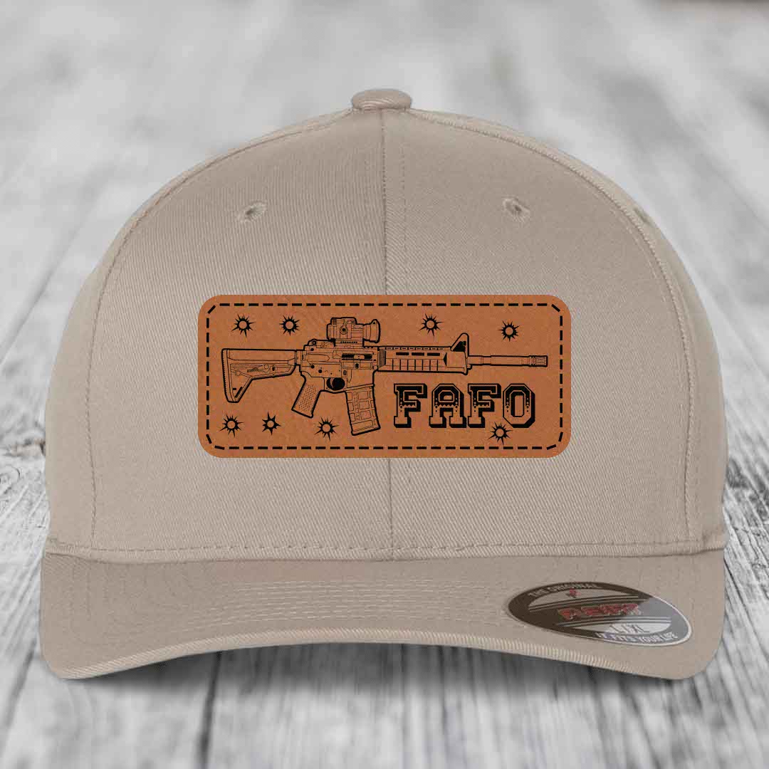 Ar15 Fafo - Leather Patch Hat - Rawhide to Black Patch - Flexfit 6277 Fitted Hat