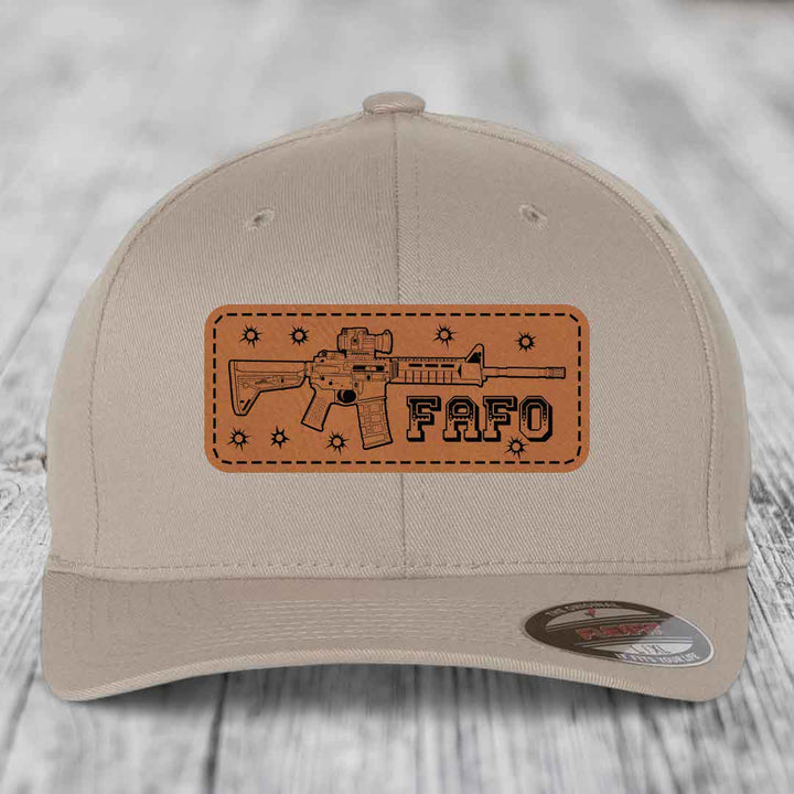 Ar15 Fafo - Leather Patch Hat - Rawhide to Black Patch - Flexfit 6277 Fitted Hat