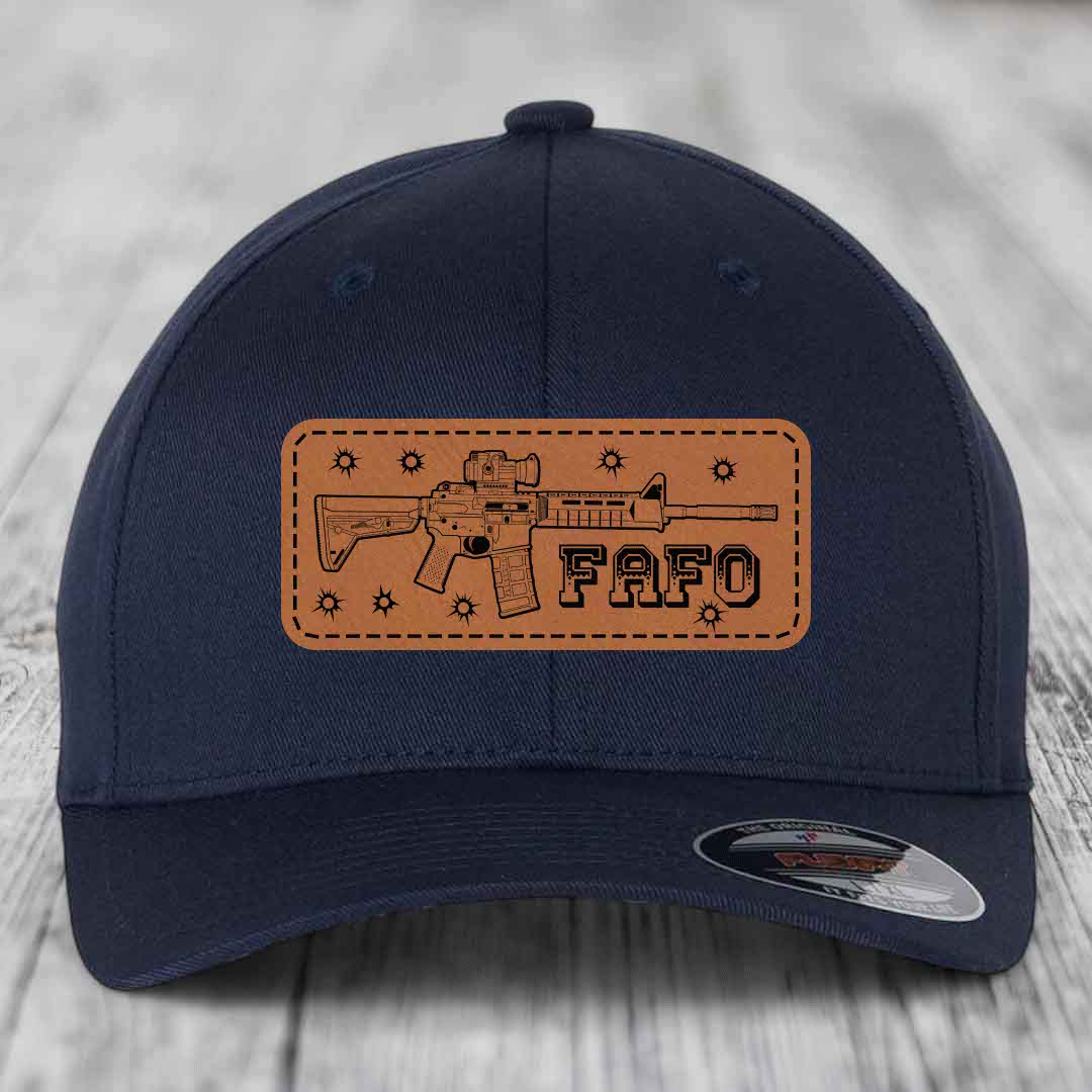 Ar15 Fafo - Leather Patch Hat - Rawhide to Black Patch - Flexfit 6277 Fitted Hat