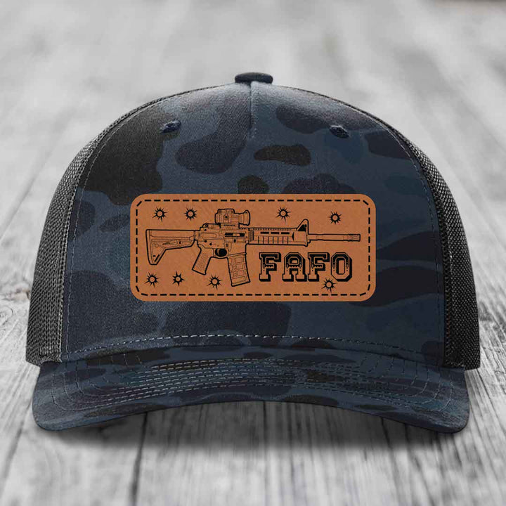 Ar15 Fafo - Leather Patch Hat - Rawhide to Black Patch - Richardson 112PFP Snapback Trucker Hat