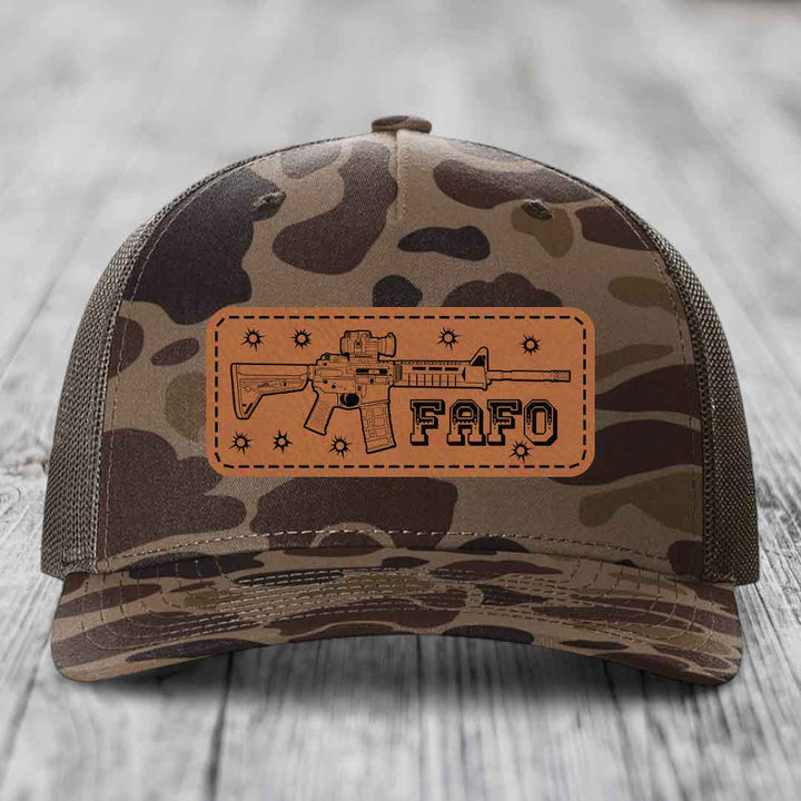 Ar15 Fafo - Leather Patch Hat - Rawhide to Black Patch - Richardson 112PFP Snapback Trucker Hat