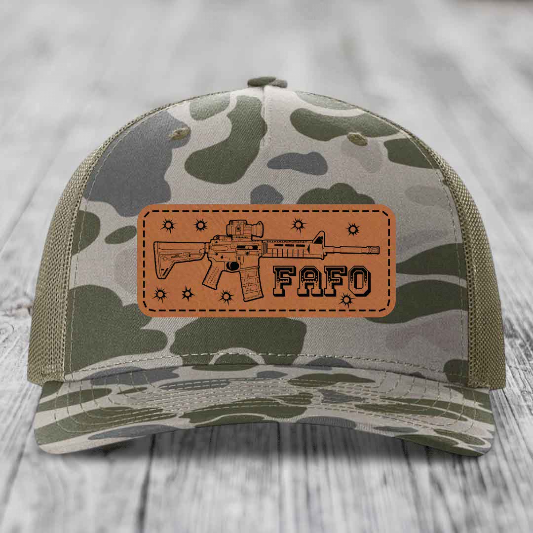 Ar15 Fafo - Leather Patch Hat - Rawhide to Black Patch - Richardson 112PFP Snapback Trucker Hat