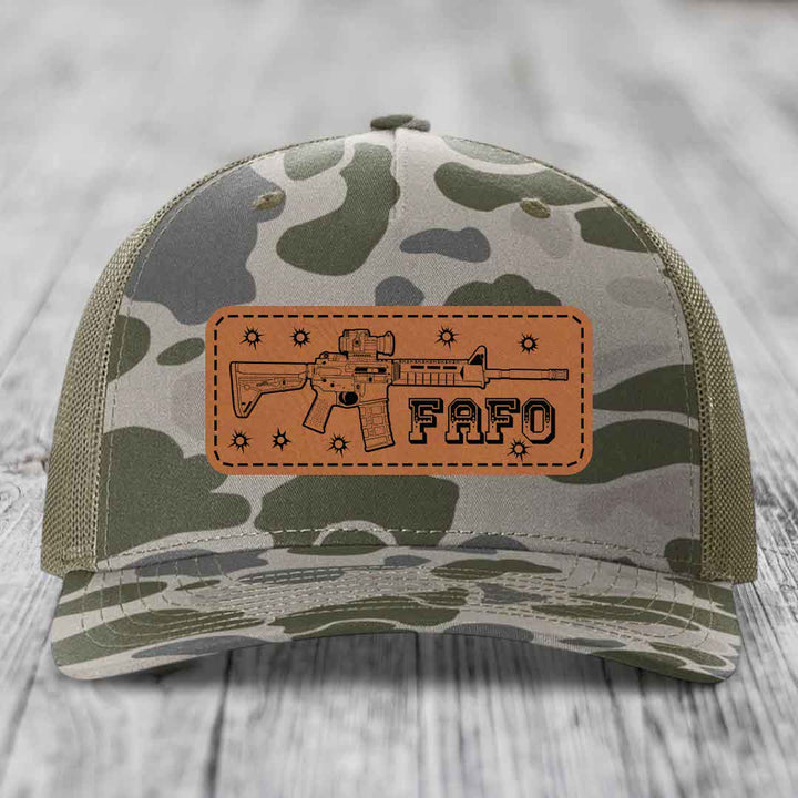 Ar15 Fafo - Leather Patch Hat - Rawhide to Black Patch - Richardson 112PFP Snapback Trucker Hat
