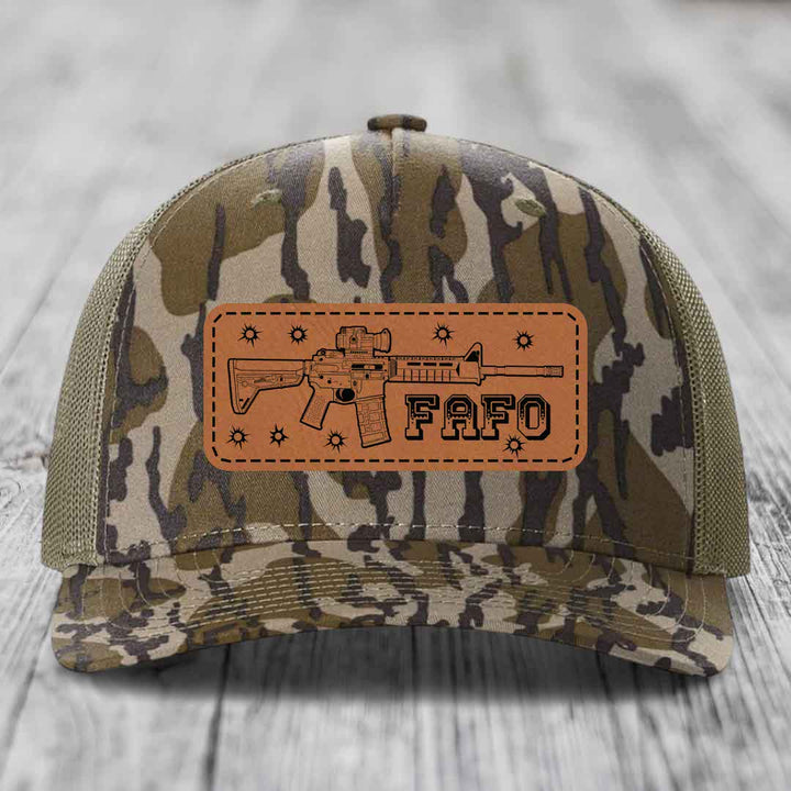 Ar15 Fafo - Leather Patch Hat - Rawhide to Black Patch - Richardson 112PFP Snapback Trucker Hat
