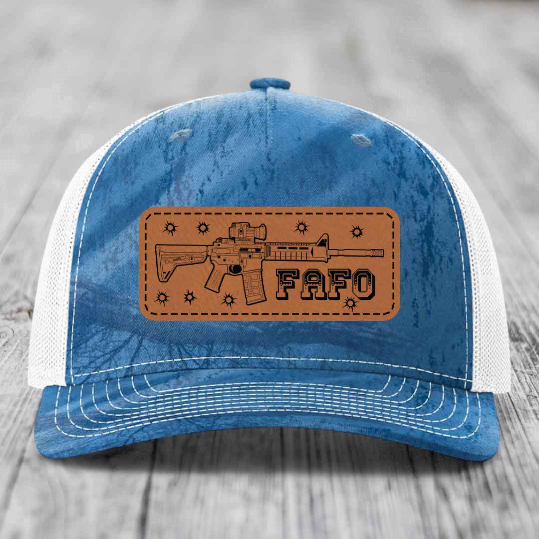 Ar15 Fafo - Leather Patch Hat - Rawhide to Black Patch - Richardson 112PFP Snapback Trucker Hat
