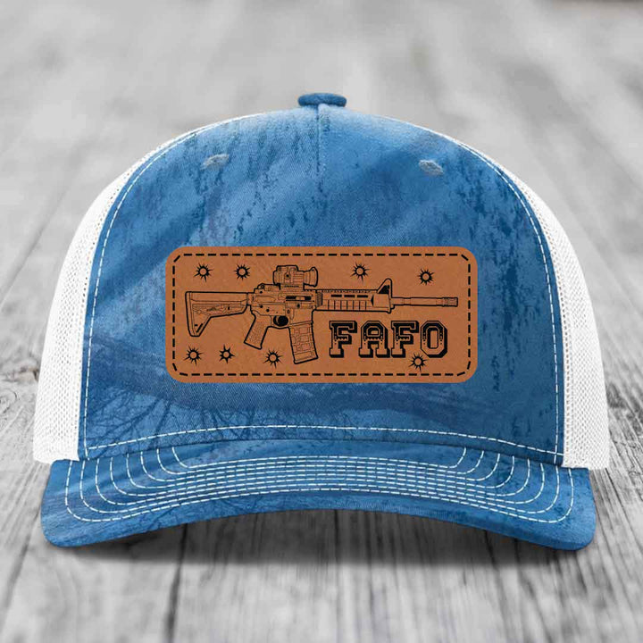 Ar15 Fafo - Leather Patch Hat - Rawhide to Black Patch - Richardson 112PFP Snapback Trucker Hat