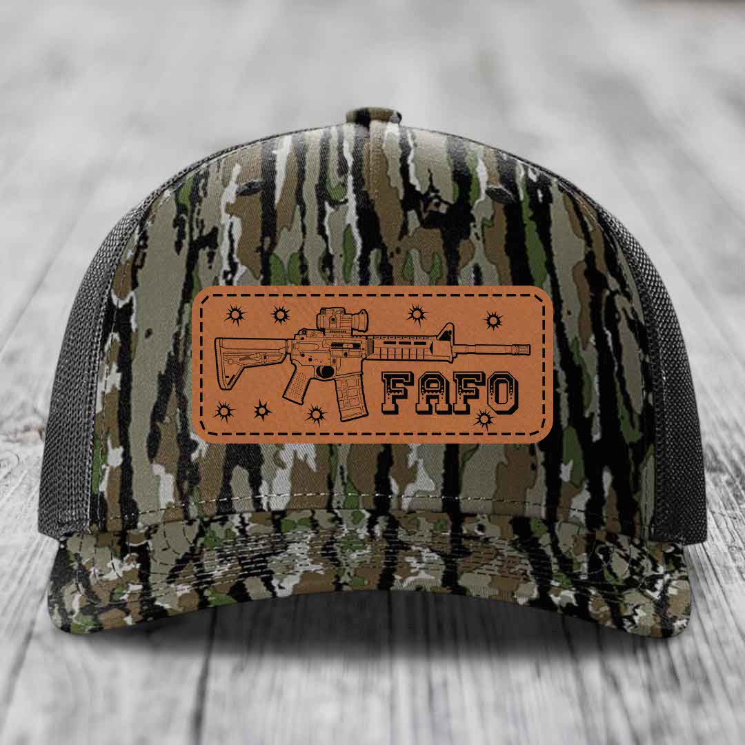 Ar15 Fafo - Leather Patch Hat - Rawhide to Black Patch - Richardson 112PFP Snapback Trucker Hat