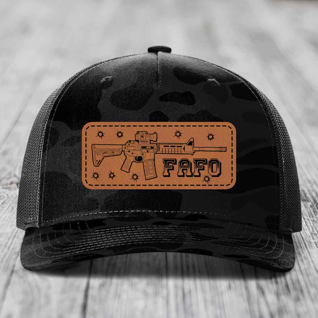 Ar15 Fafo - Leather Patch Hat - Rawhide to Black Patch - Richardson 112PFP Snapback Trucker Hat