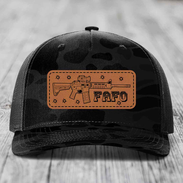 Ar15 Fafo - Leather Patch Hat - Rawhide to Black Patch - Richardson 112PFP Snapback Trucker Hat