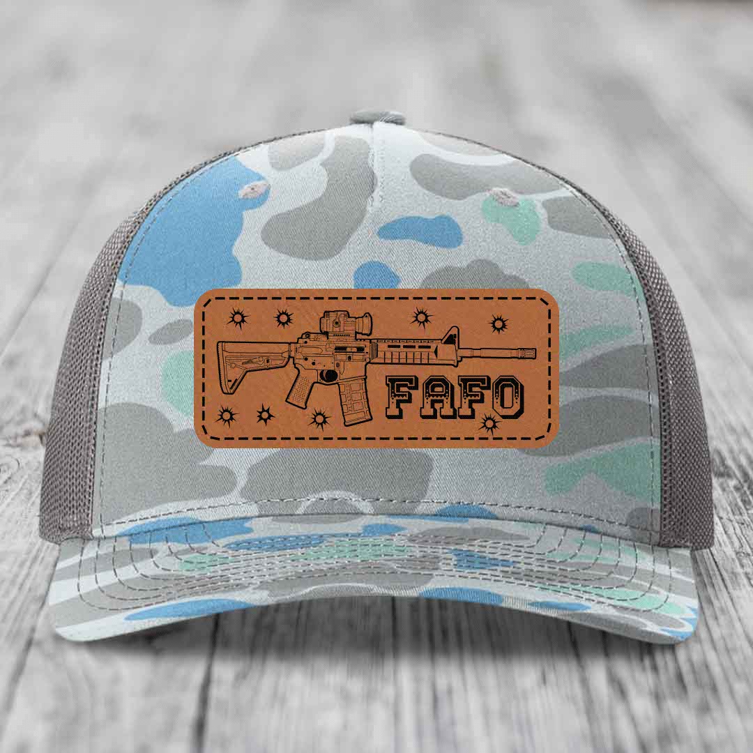 Ar15 Fafo - Leather Patch Hat - Rawhide to Black Patch - Richardson 112PFP Snapback Trucker Hat