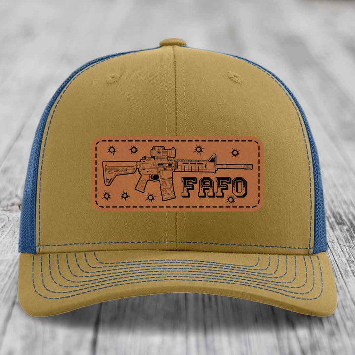 Ar15 Fafo - Leather Patch Hat - Rawhide to Black Patch - Richardson 112 Snapback Trucker Hat