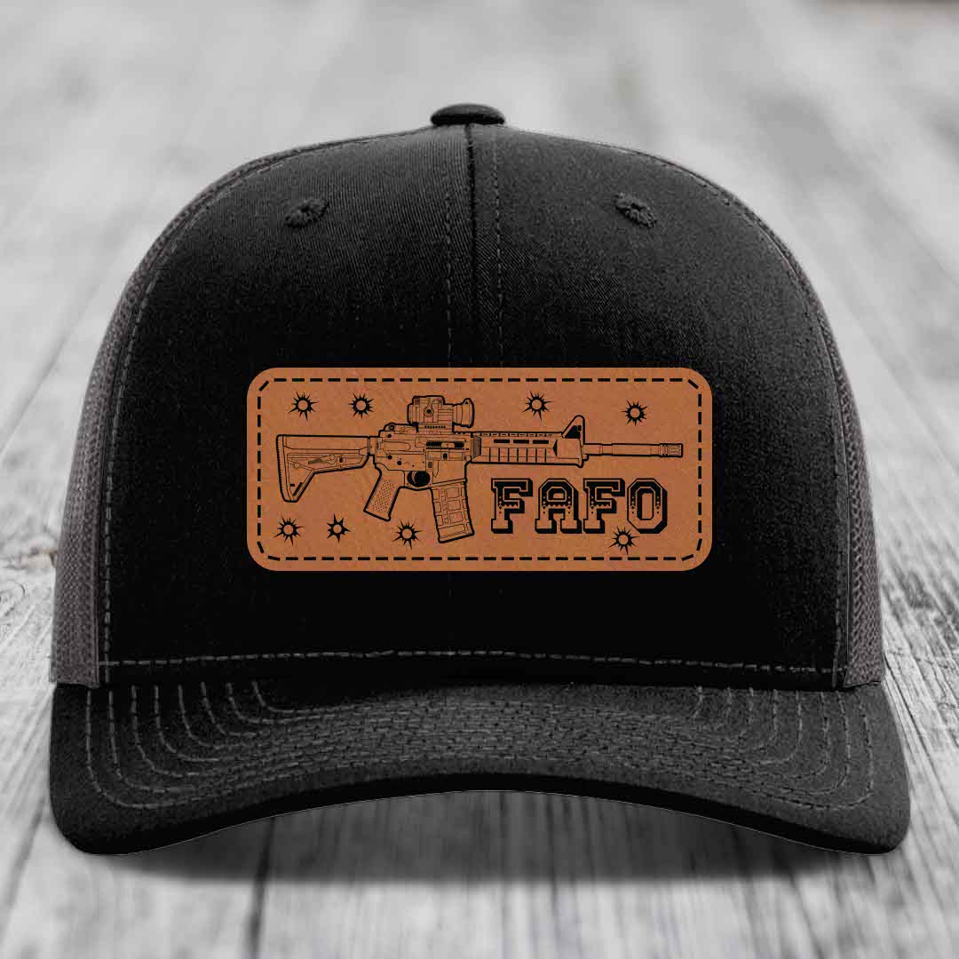 Ar15 Fafo - Leather Patch Hat - Rawhide to Black Patch - Richardson 112 Snapback Trucker Hat