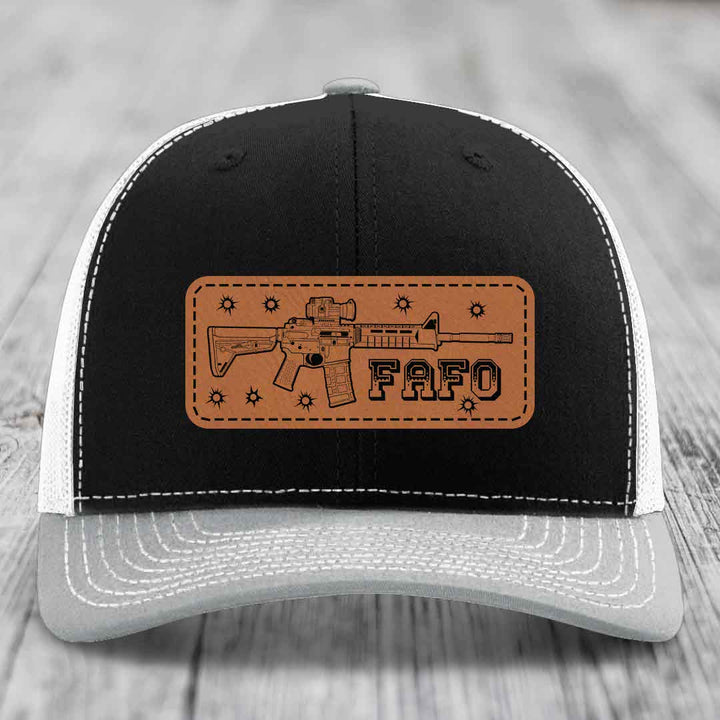 Ar15 Fafo - Leather Patch Hat - Rawhide to Black Patch - Richardson 112 Snapback Trucker Hat