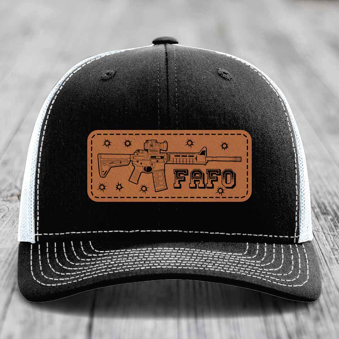 Ar15 Fafo - Leather Patch Hat - Rawhide to Black Patch - Richardson 112 Snapback Trucker Hat