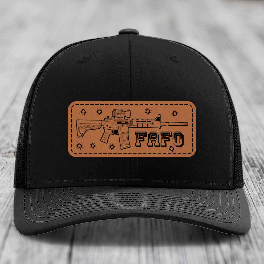 Ar15 Fafo - Leather Patch Hat - Rawhide to Black Patch - Richardson 112 Snapback Trucker Hat
