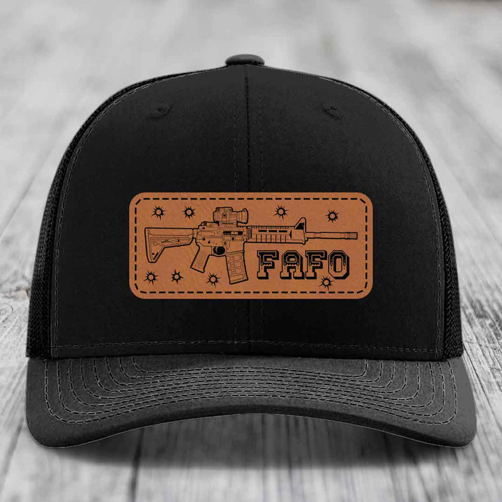 Ar15 Fafo - Leather Patch Hat - Rawhide to Black Patch - Richardson 112 Snapback Trucker Hat