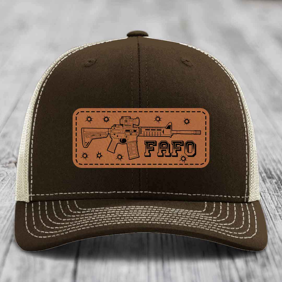 Ar15 Fafo - Leather Patch Hat - Rawhide to Black Patch - Richardson 112 Snapback Trucker Hat