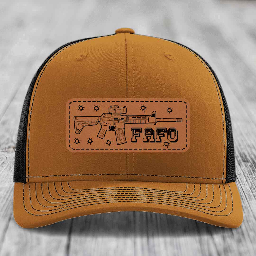 Ar15 Fafo - Leather Patch Hat - Rawhide to Black Patch - Richardson 112 Snapback Trucker Hat