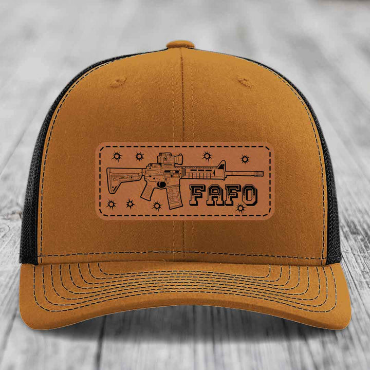Ar15 Fafo - Leather Patch Hat - Rawhide to Black Patch - Richardson 112 Snapback Trucker Hat