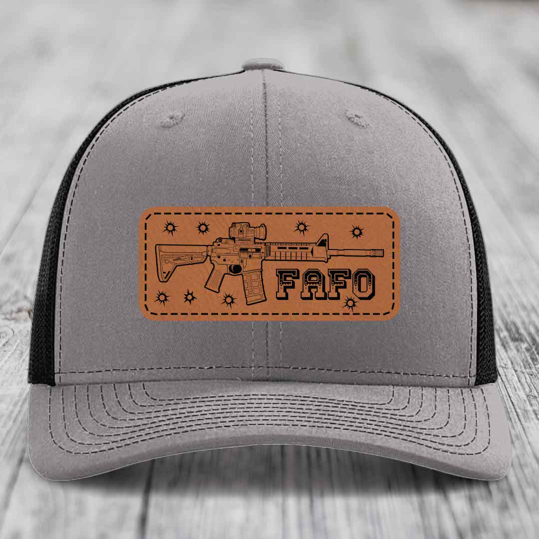 Ar15 Fafo - Leather Patch Hat - Rawhide to Black Patch - Richardson 112 Snapback Trucker Hat