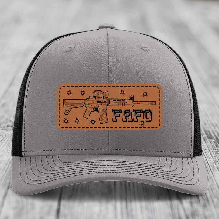 Ar15 Fafo - Leather Patch Hat - Rawhide to Black Patch - Richardson 112 Snapback Trucker Hat