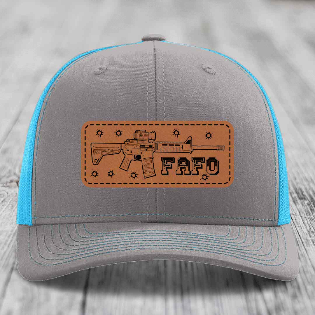 Ar15 Fafo - Leather Patch Hat - Rawhide to Black Patch - Richardson 112 Snapback Trucker Hat