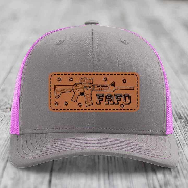 Ar15 Fafo - Leather Patch Hat - Rawhide to Black Patch - Richardson 112 Snapback Trucker Hat