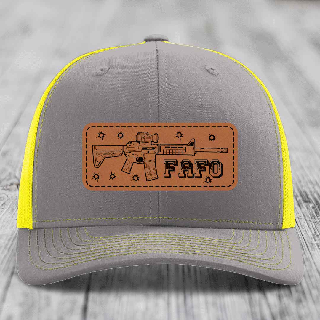 Ar15 Fafo - Leather Patch Hat - Rawhide to Black Patch - Richardson 112 Snapback Trucker Hat