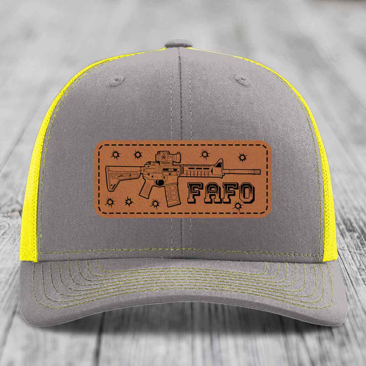 Ar15 Fafo - Leather Patch Hat - Rawhide to Black Patch - Richardson 112 Snapback Trucker Hat