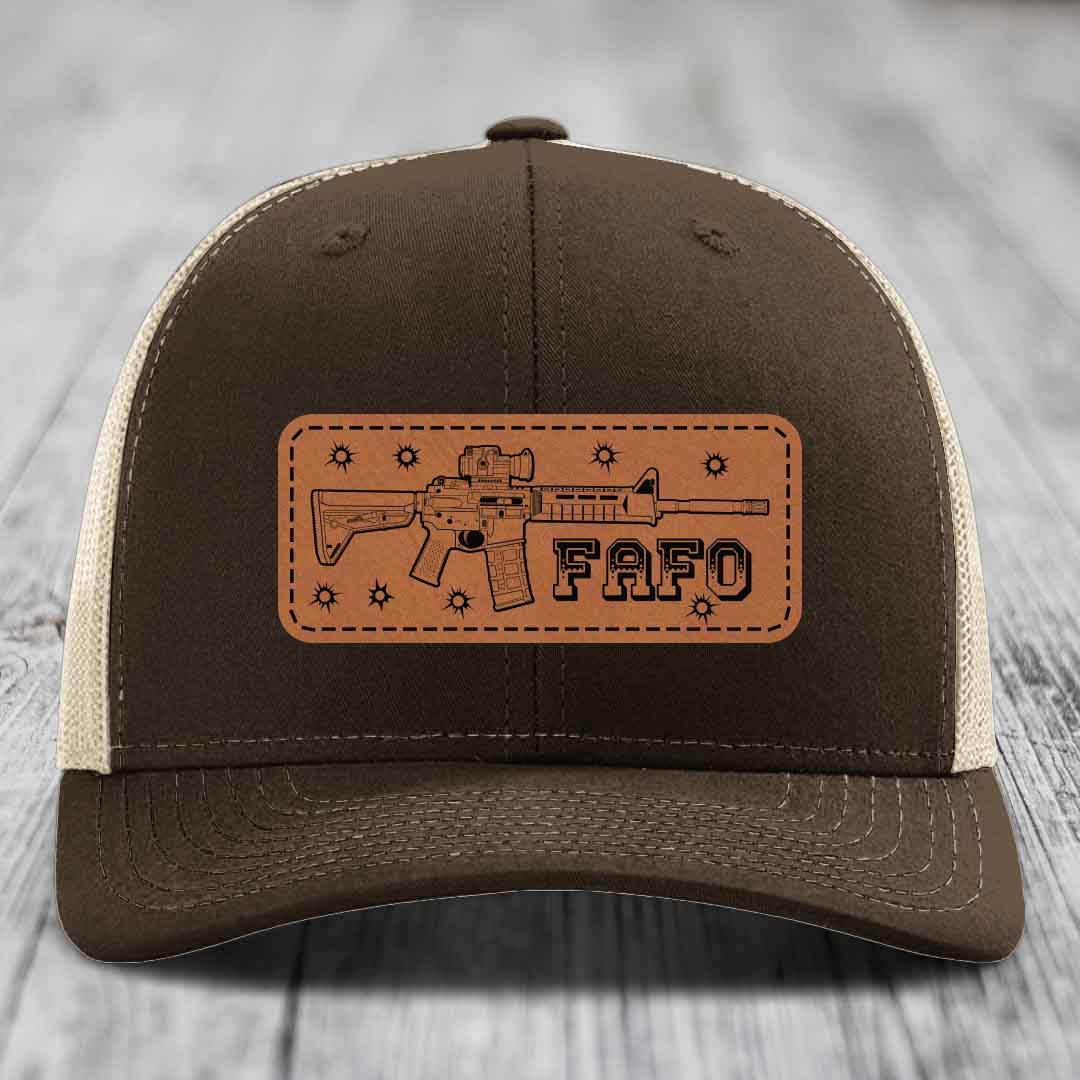 Ar15 Fafo - Leather Patch Hat - Rawhide to Black Patch - Richardson 112 Snapback Trucker Hat