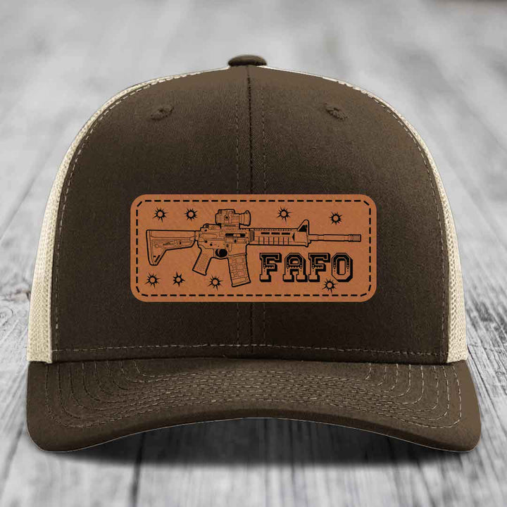 Ar15 Fafo - Leather Patch Hat - Rawhide to Black Patch - Richardson 112 Snapback Trucker Hat