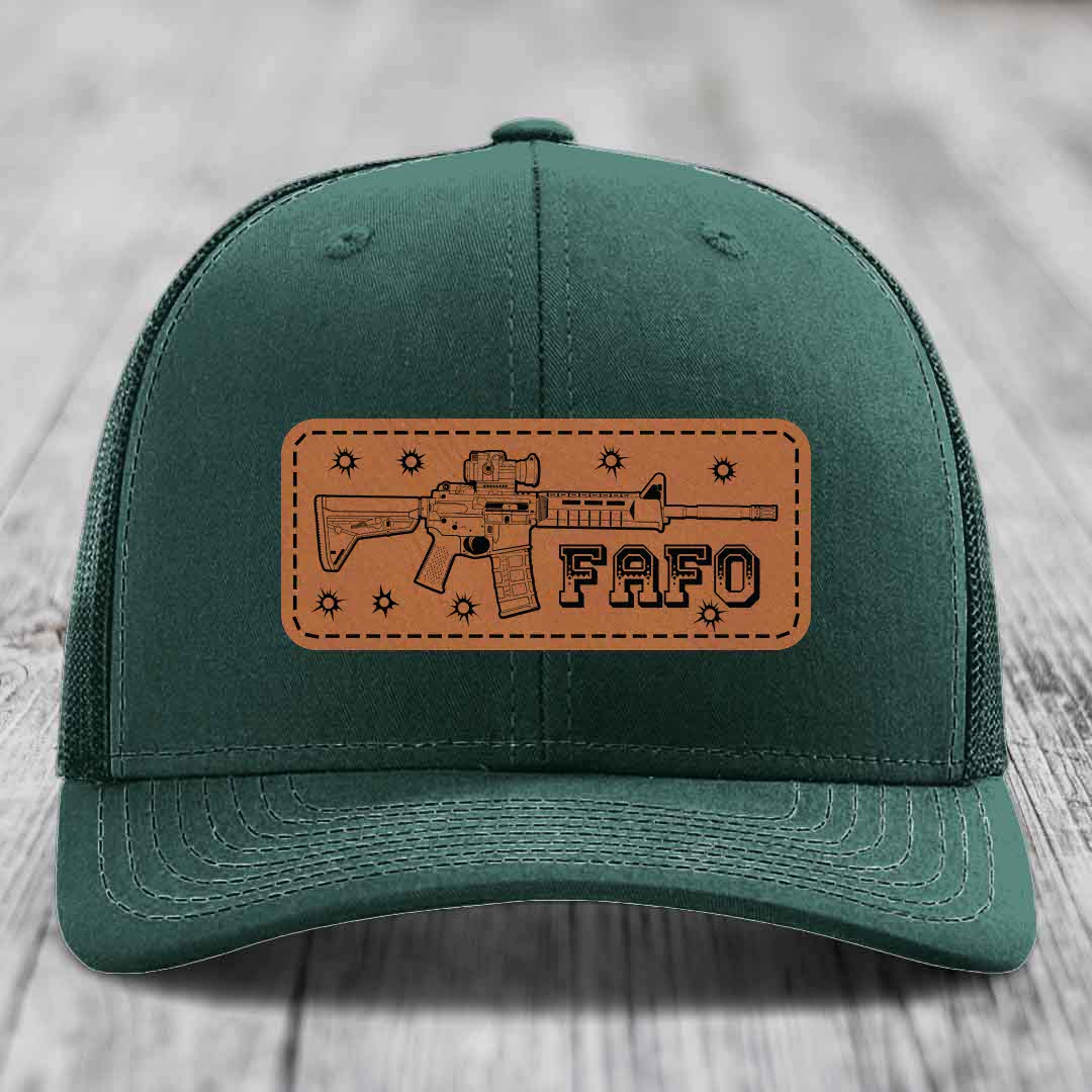 Ar15 Fafo - Leather Patch Hat - Rawhide to Black Patch - Richardson 112 Snapback Trucker Hat