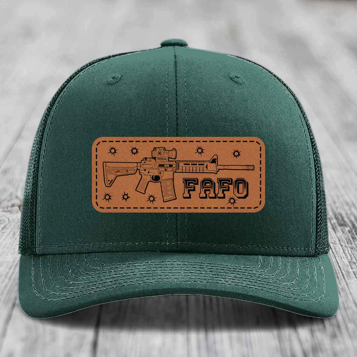 Ar15 Fafo - Leather Patch Hat - Rawhide to Black Patch - Richardson 112 Snapback Trucker Hat