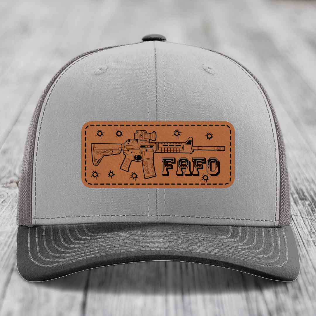 Ar15 Fafo - Leather Patch Hat - Rawhide to Black Patch - Richardson 112 Snapback Trucker Hat