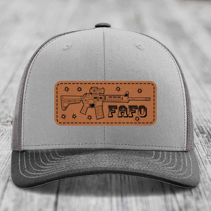 Ar15 Fafo - Leather Patch Hat - Rawhide to Black Patch - Richardson 112 Snapback Trucker Hat
