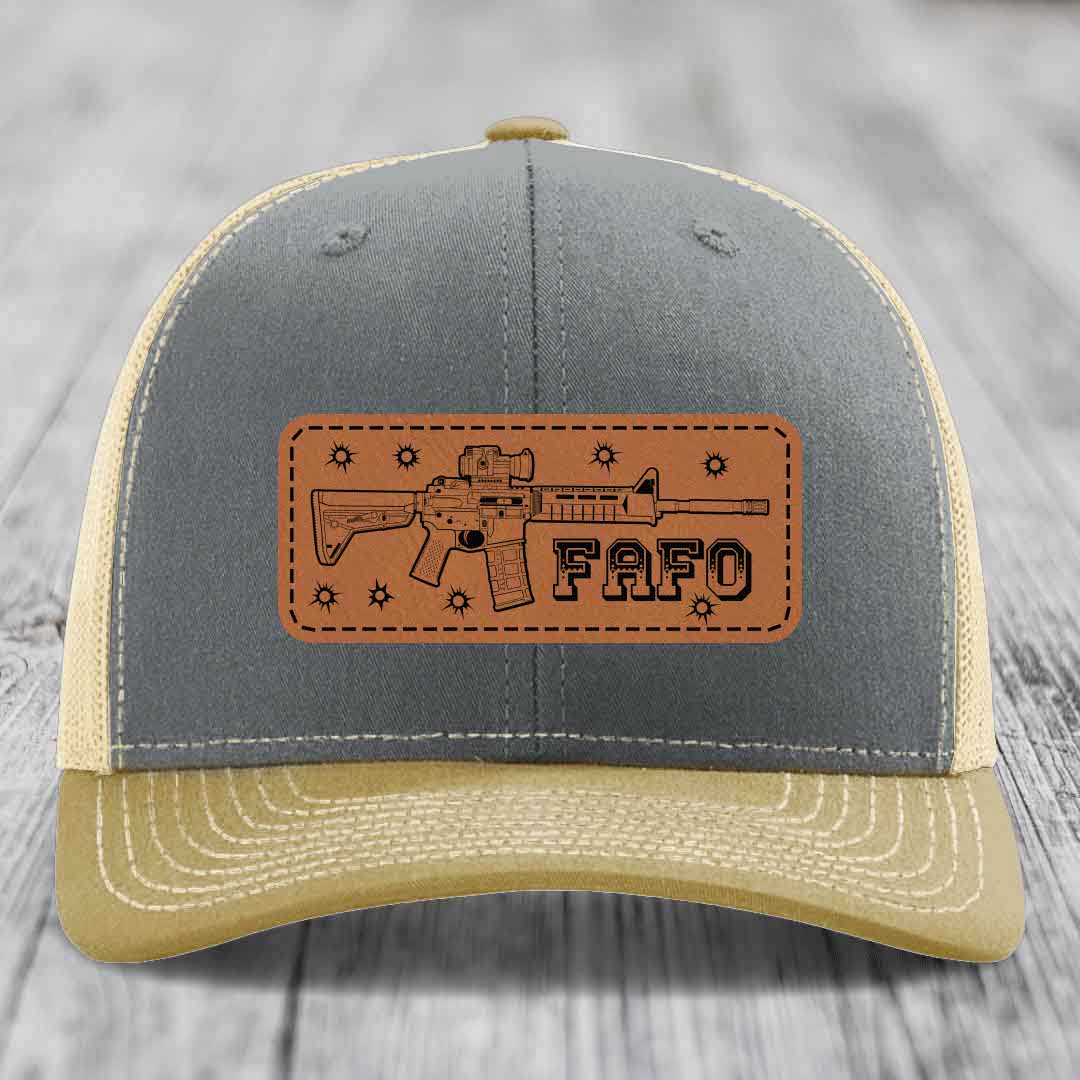 Ar15 Fafo - Leather Patch Hat - Rawhide to Black Patch - Richardson 112 Snapback Trucker Hat