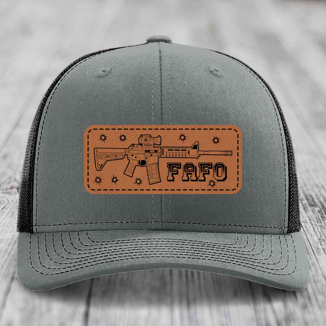 Ar15 Fafo - Leather Patch Hat - Rawhide to Black Patch - Richardson 112 Snapback Trucker Hat