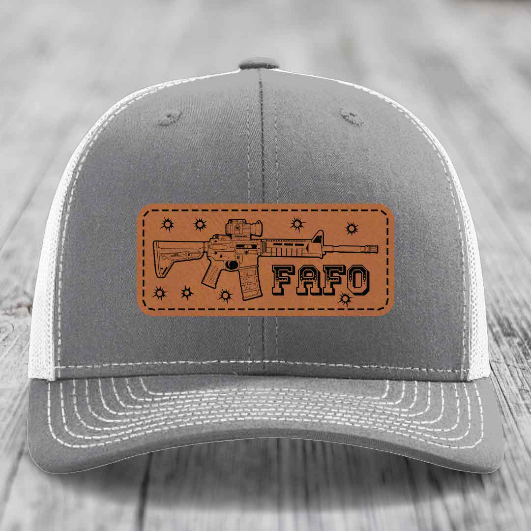 Ar15 Fafo - Leather Patch Hat - Rawhide to Black Patch - Richardson 112 Snapback Trucker Hat