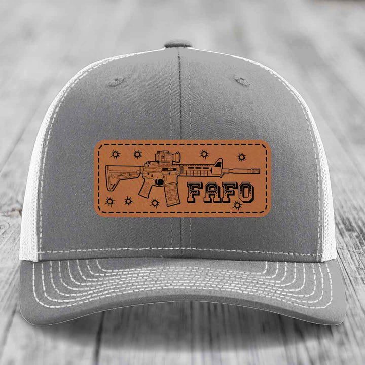 Ar15 Fafo - Leather Patch Hat - Rawhide to Black Patch - Richardson 112 Snapback Trucker Hat