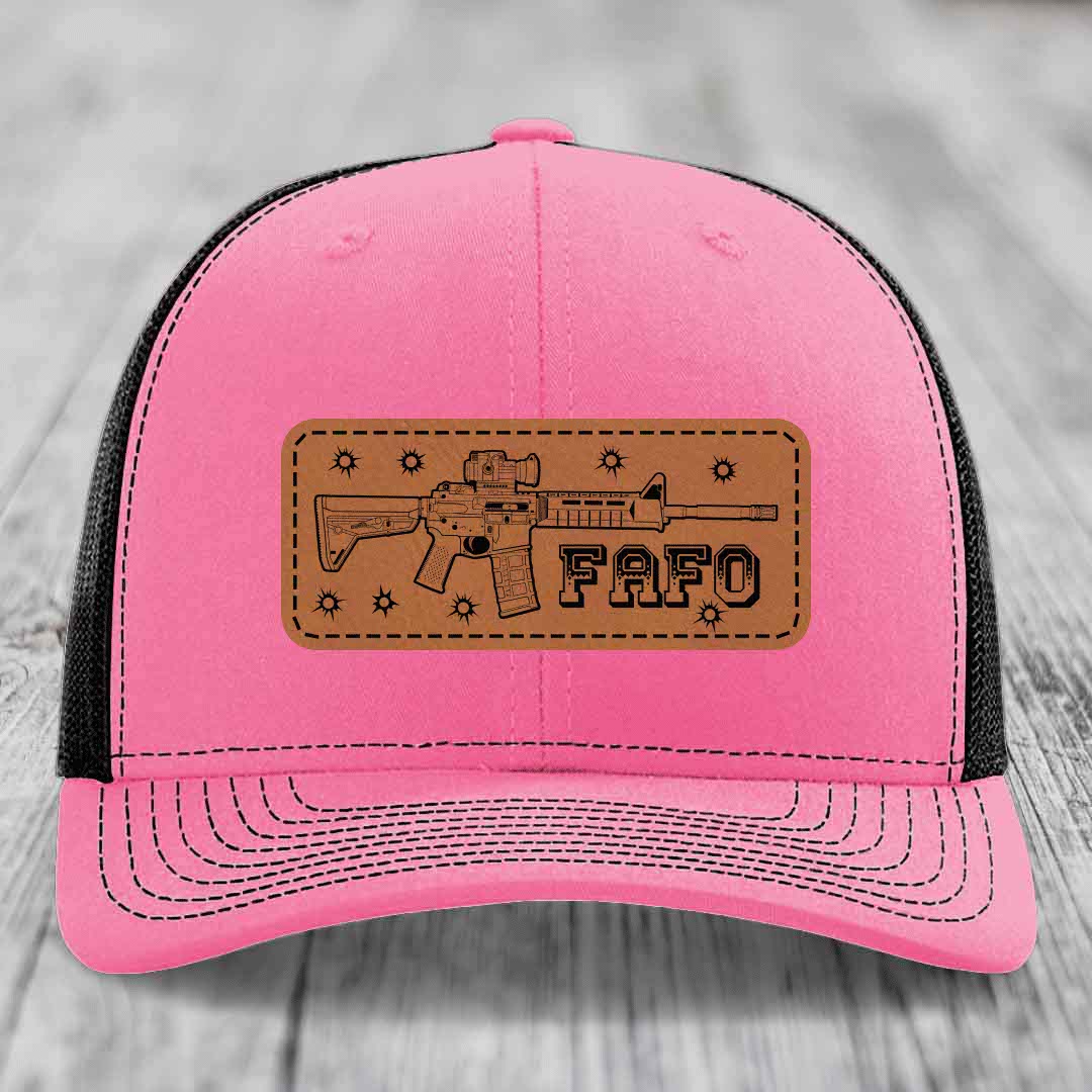 Ar15 Fafo - Leather Patch Hat - Rawhide to Black Patch - Richardson 112 Snapback Trucker Hat