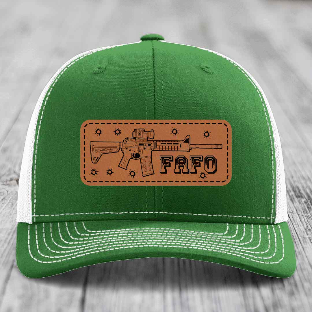 Ar15 Fafo - Leather Patch Hat - Rawhide to Black Patch - Richardson 112 Snapback Trucker Hat